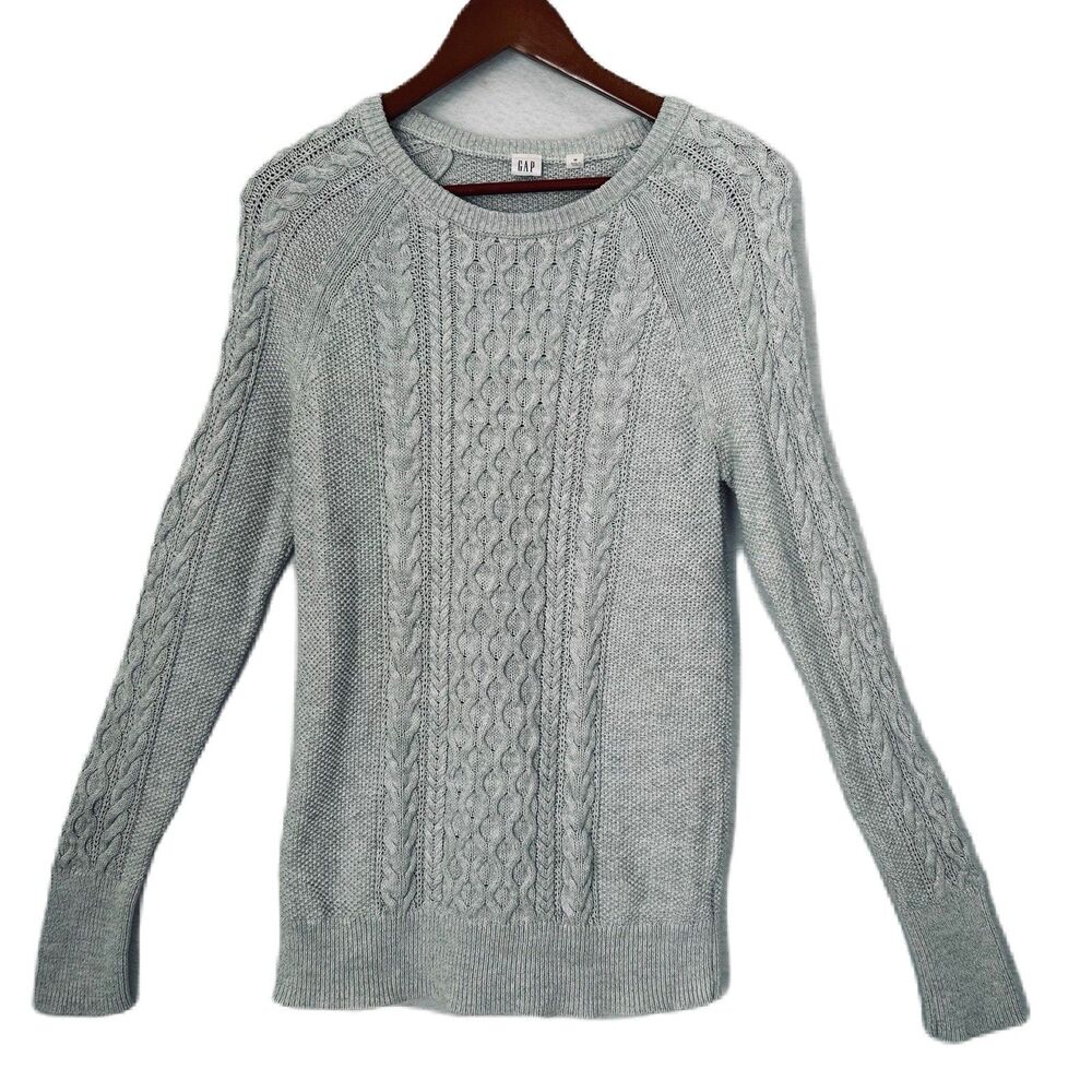Gap Sweater Women M Gray Cable Knit Crew Cotton Stretch Casual Preppy Gorpcore